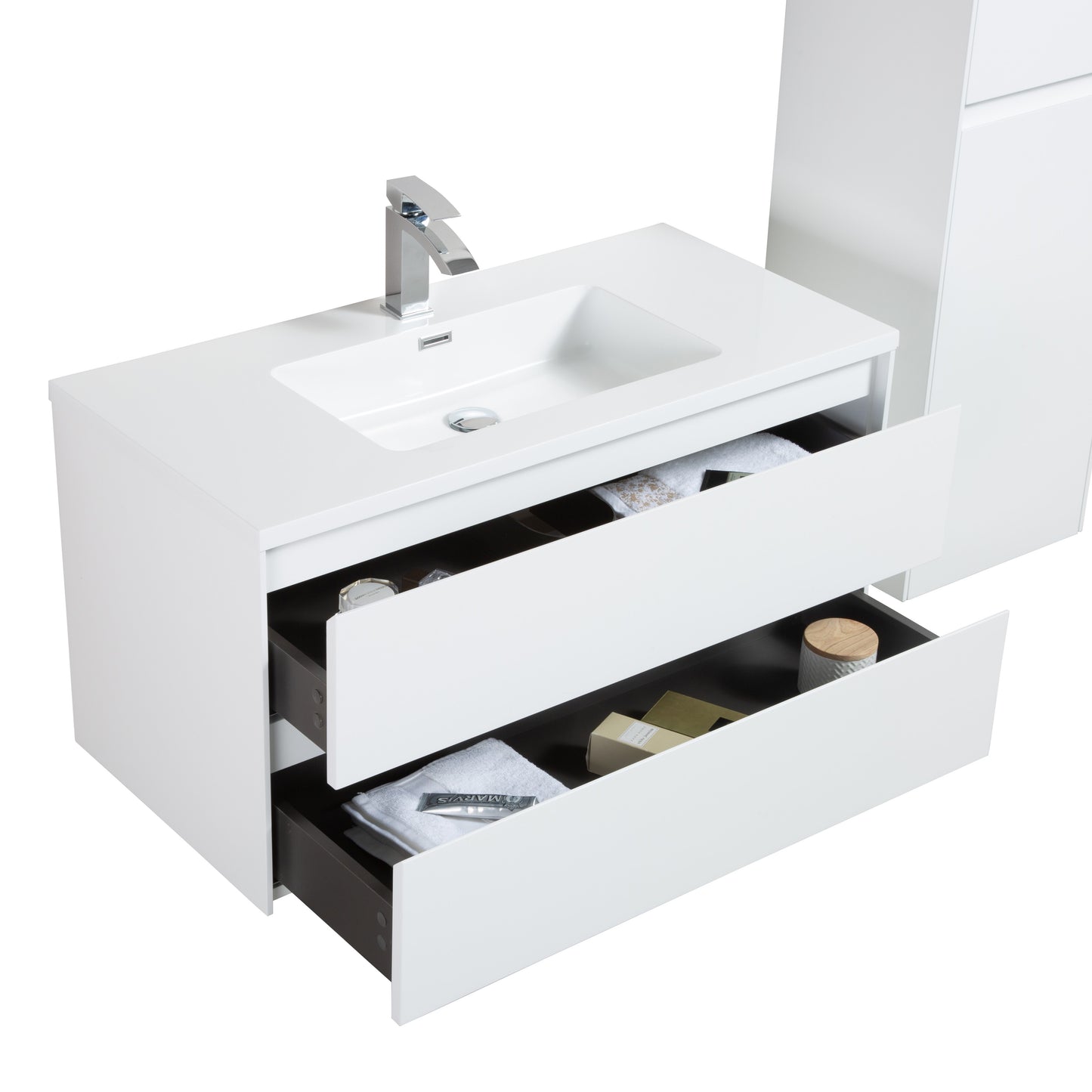 Evos Boutiques 36 in white Marble countertop vanity drawers open