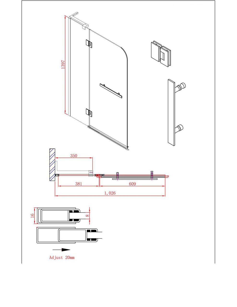 Evos Boutiques 40 in tempered glass bath 40.05 in x 55 in diagram