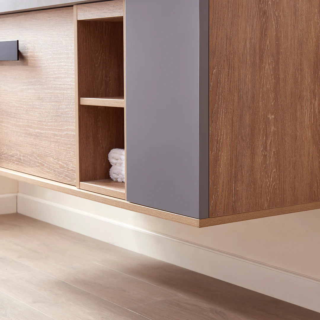Evos Boutiques 48 in glamour oak vanity bottom angle