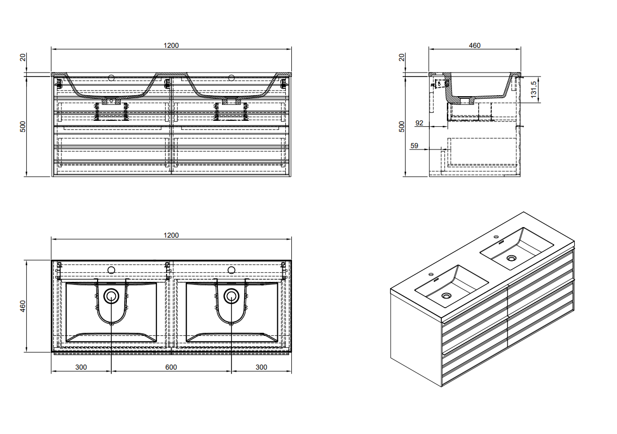 Evos Boutiques 48 in oak wall hung vanity 47 in ¼ x 18 in x 26 in diagram