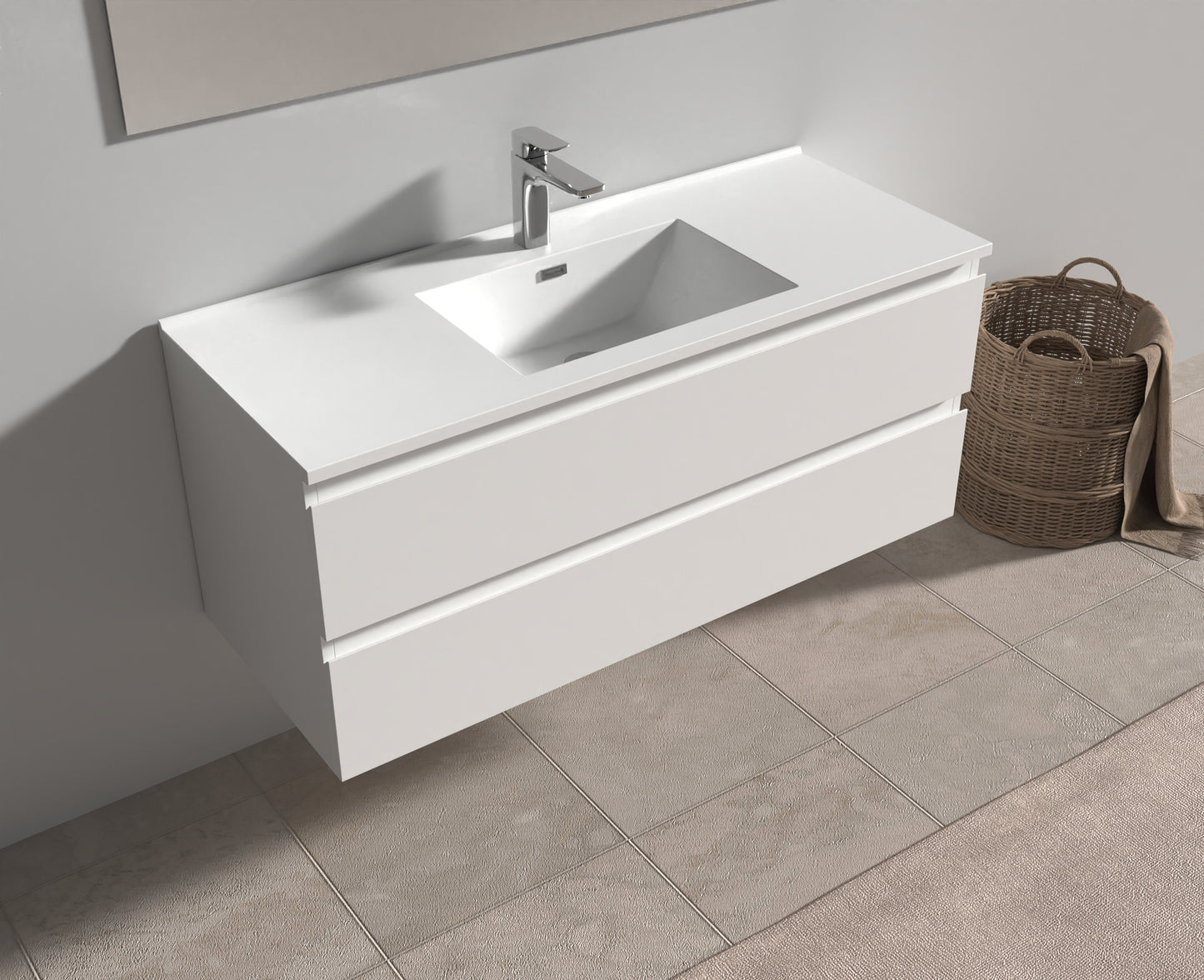 Evos Boutiques 48 in white colour vanity drawers open zoomed in