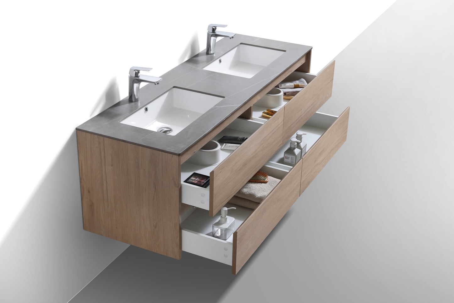 Evos Boutiques 60 in oak and grey countertop drawer open