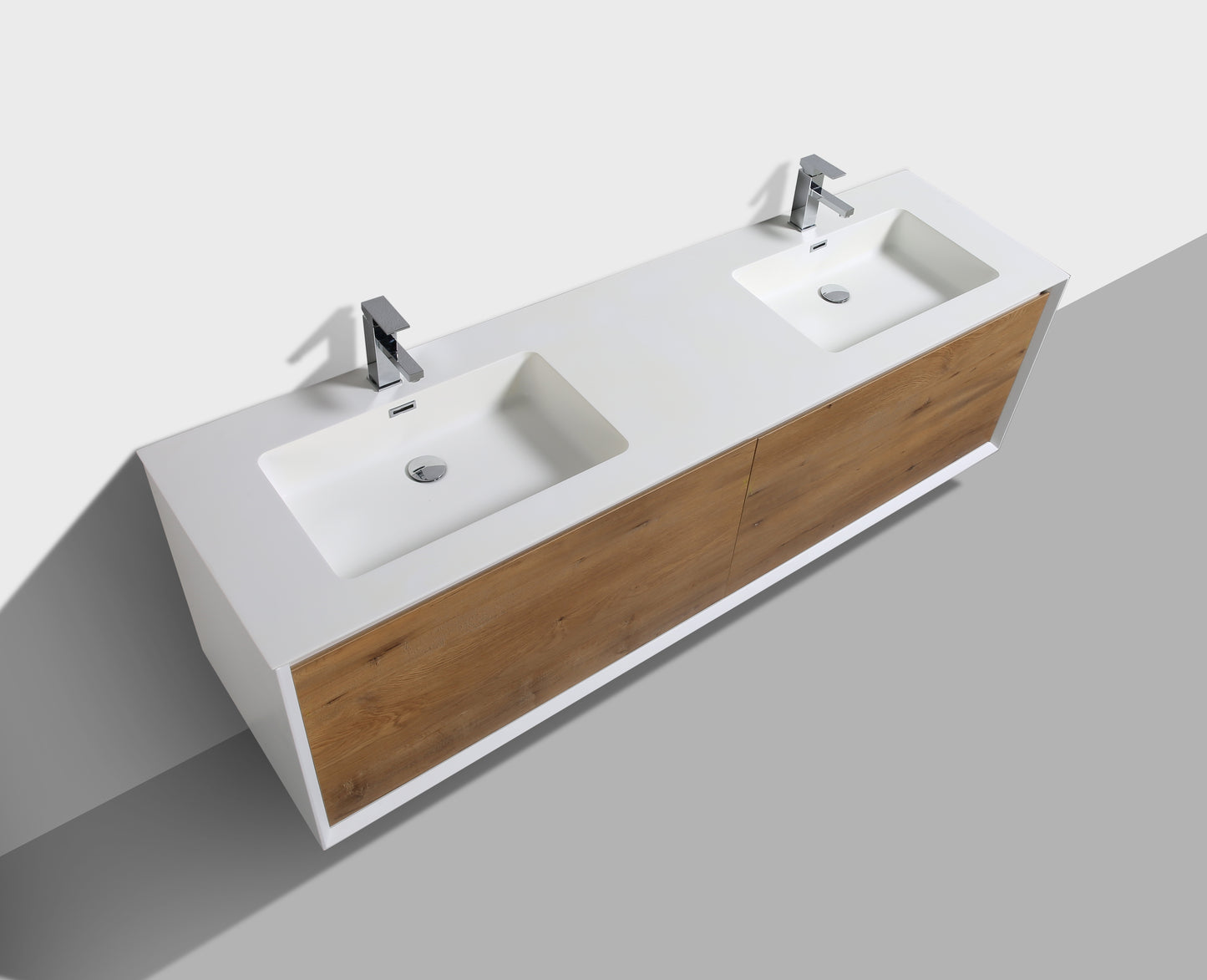 Evos Boutiques 60 in white and oak wood finish vanity looking down