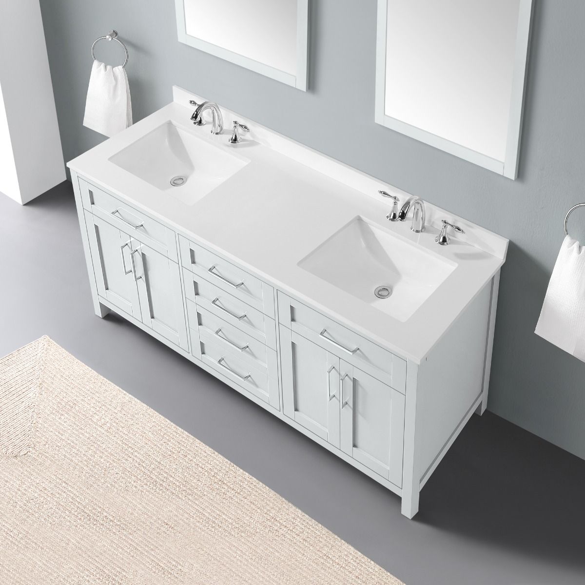 Evos Boutiques 72 dans une vanité grise regardant vers le bas