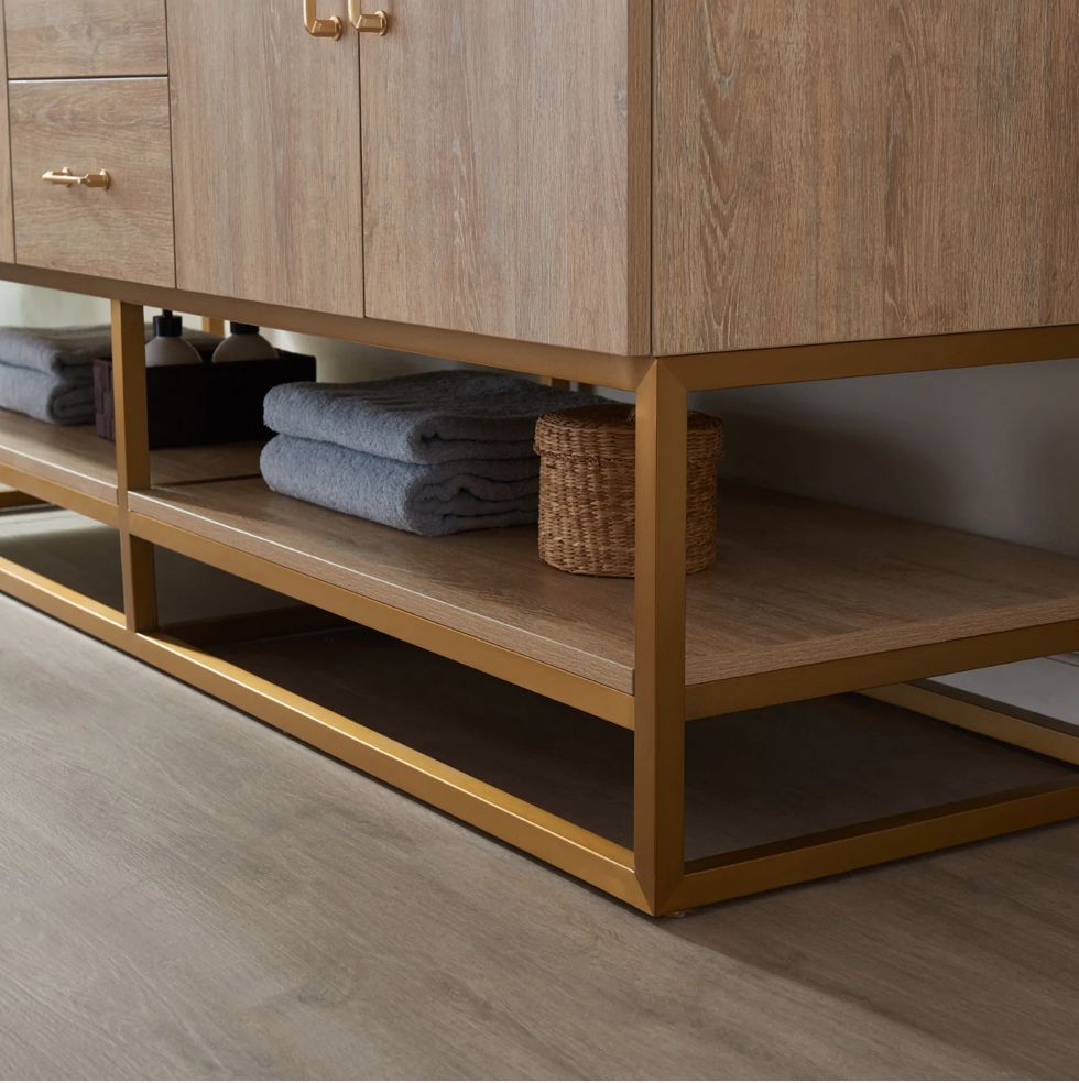Evos Boutiques 72 in oak double sink bathroom vanity bottom view
