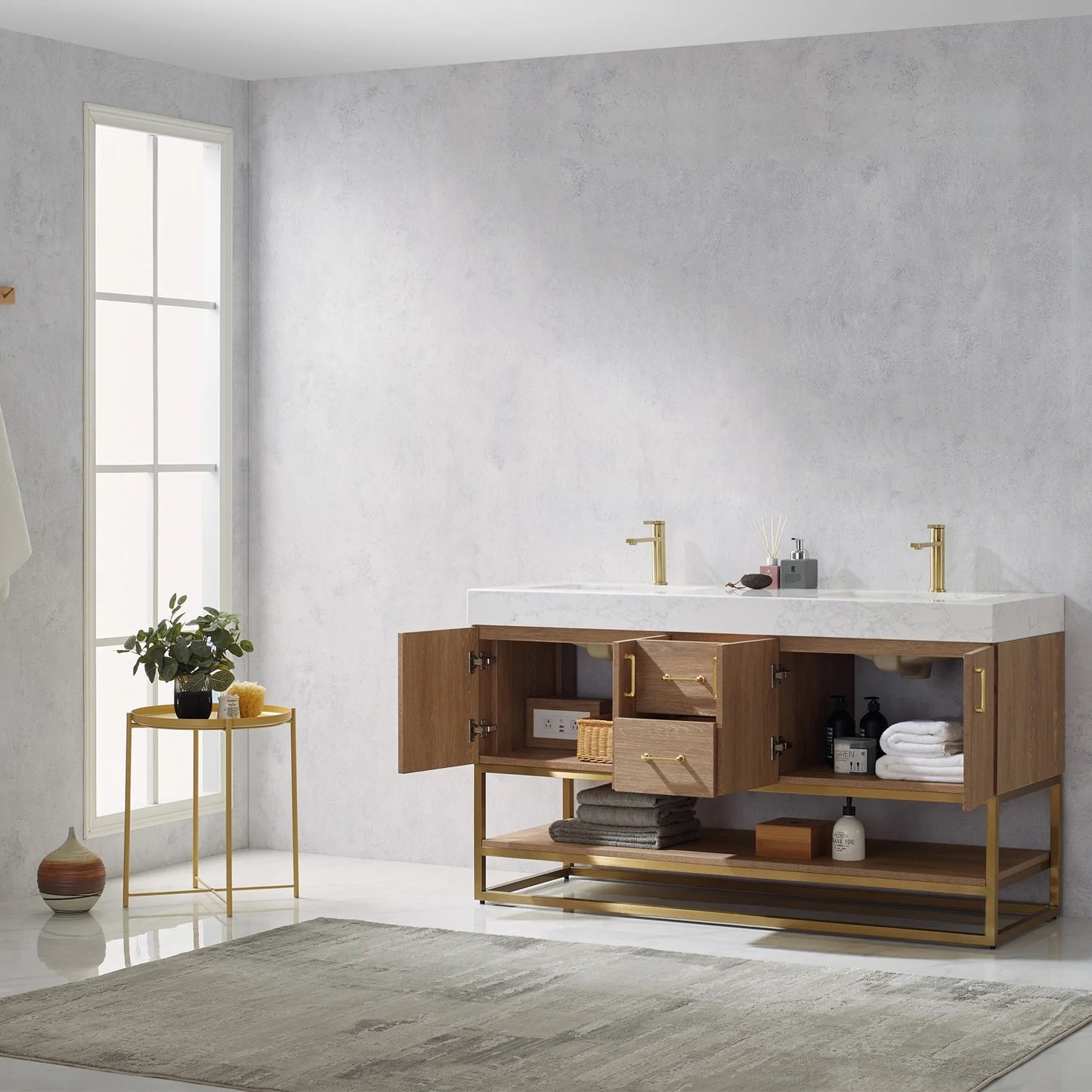Evos Boutiques 72 in oak double sink bathroom vanity by door