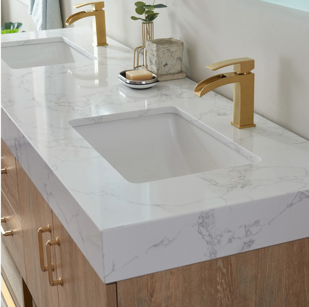 Evos Boutiques 72 in oak double sink bathroom vanity close up