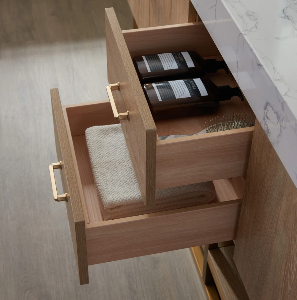 Evos Boutiques 72 in oak double sink bathroom vanity drawer open