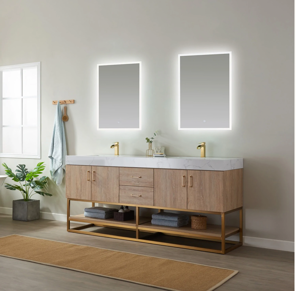 Evos Boutiques 72 in oak double sink bathroom vanity side lights