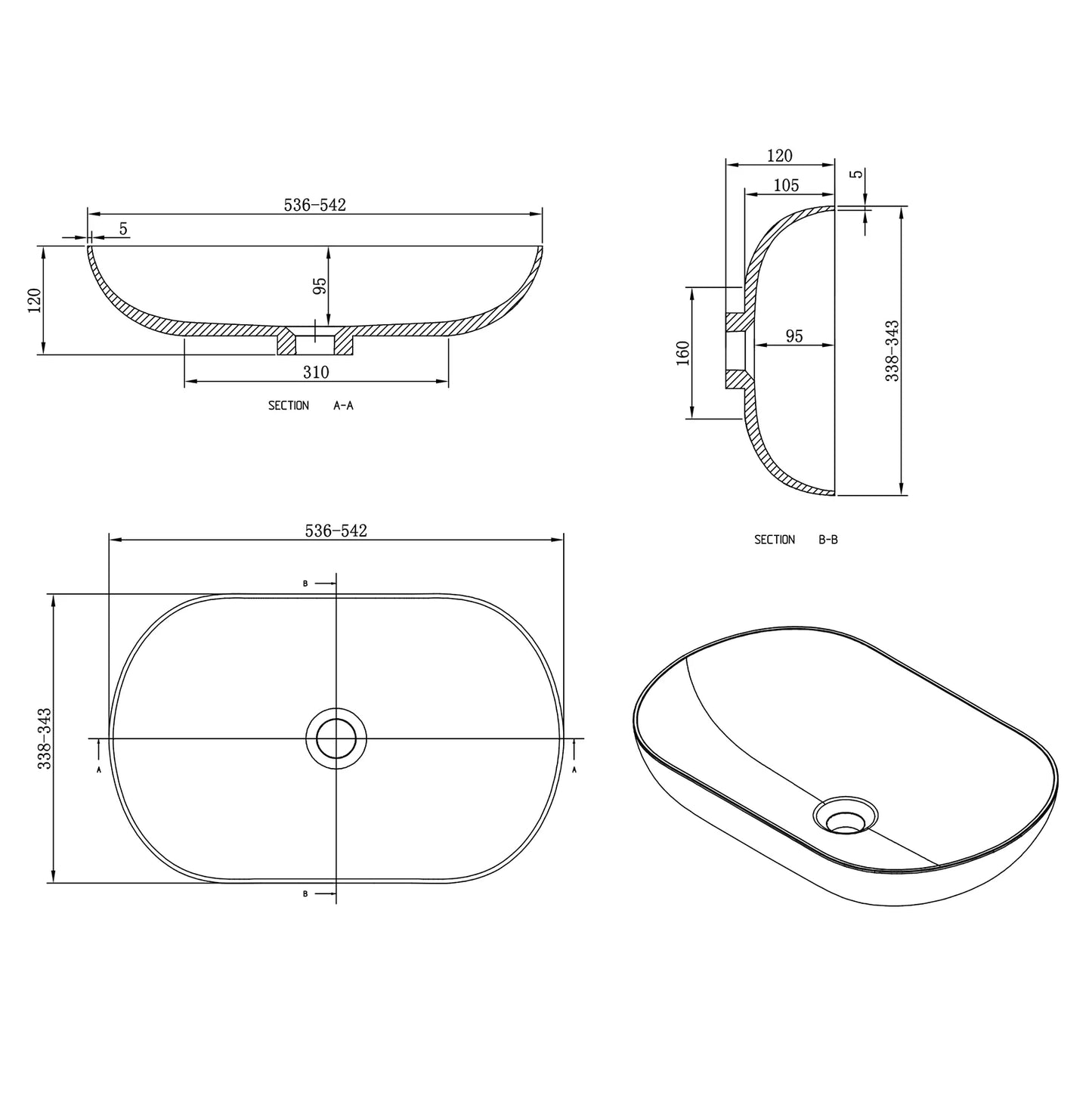 Evos Boutiques mineral cast countertop washbasin diagram