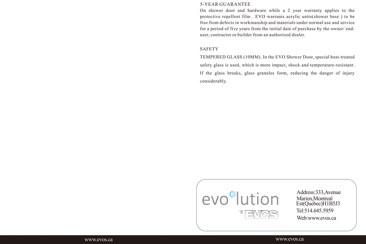 Evos Boutiques chrome shower doors and base sizes vary manual 11