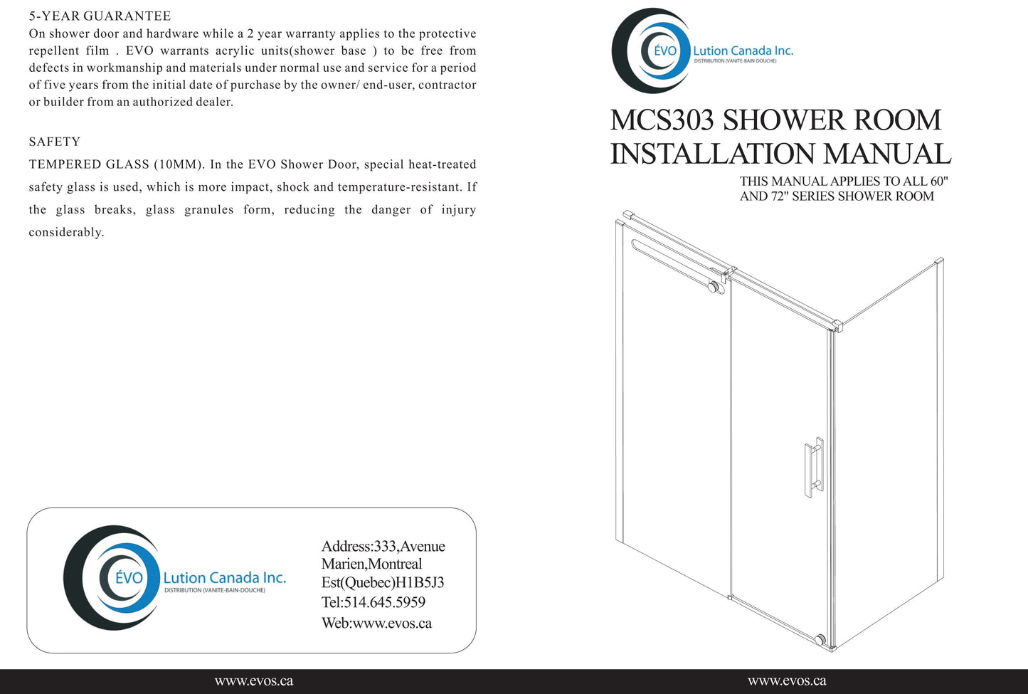 Evos Boutiques chrome shower doors and base sizes vary manual 1