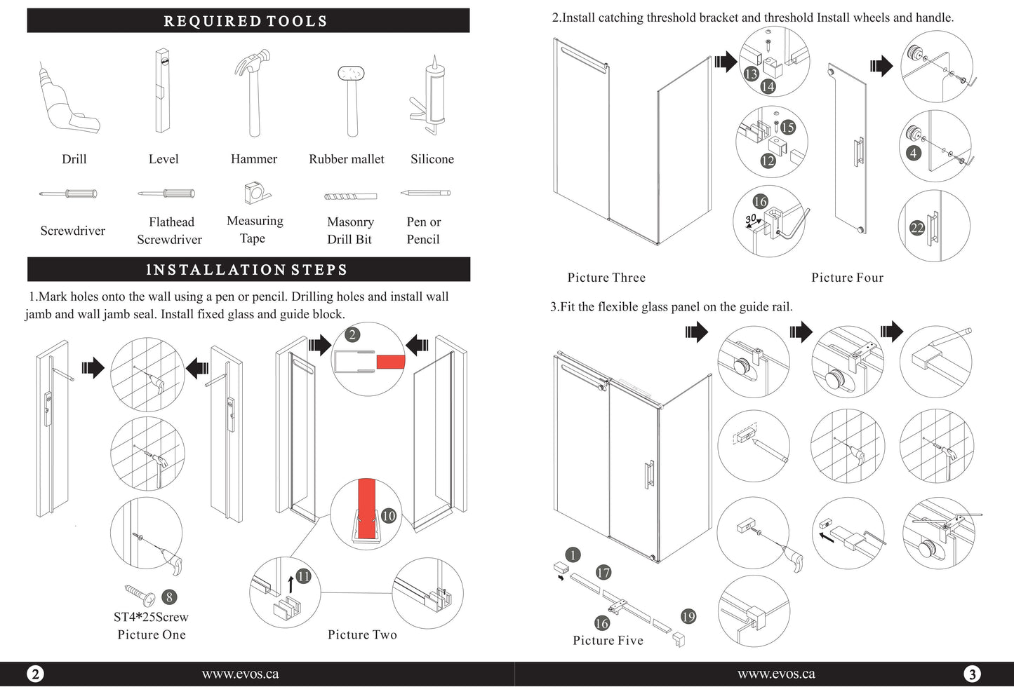 Evos Boutiques chrome shower doors and base sizes vary manual 3