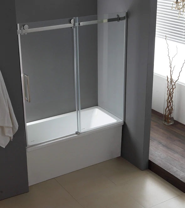 Evos Boutiques chrome shower sliding door looking down
