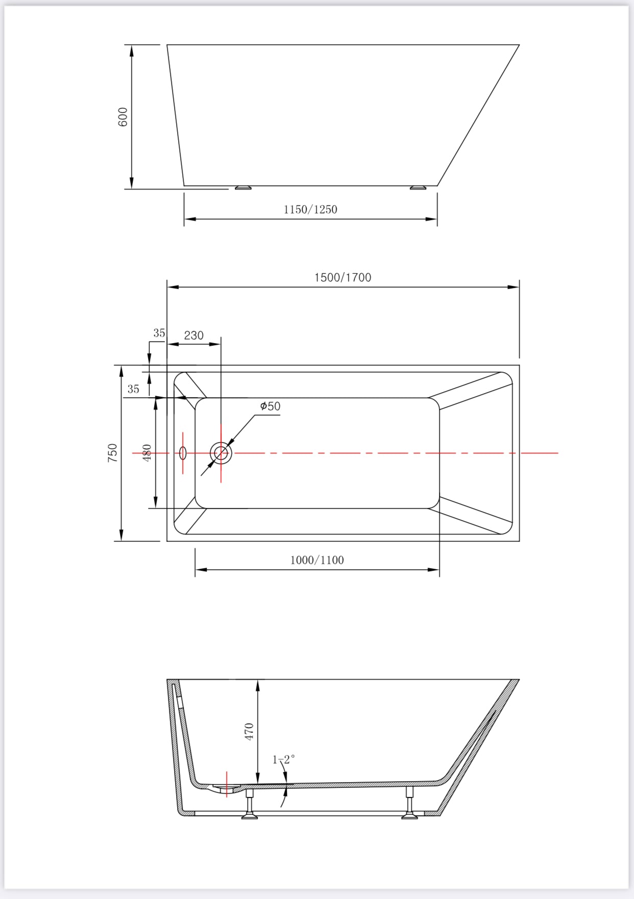 Evos Boutiques rectangular bathtub 67 x 31.5 x 23.5 in diagram