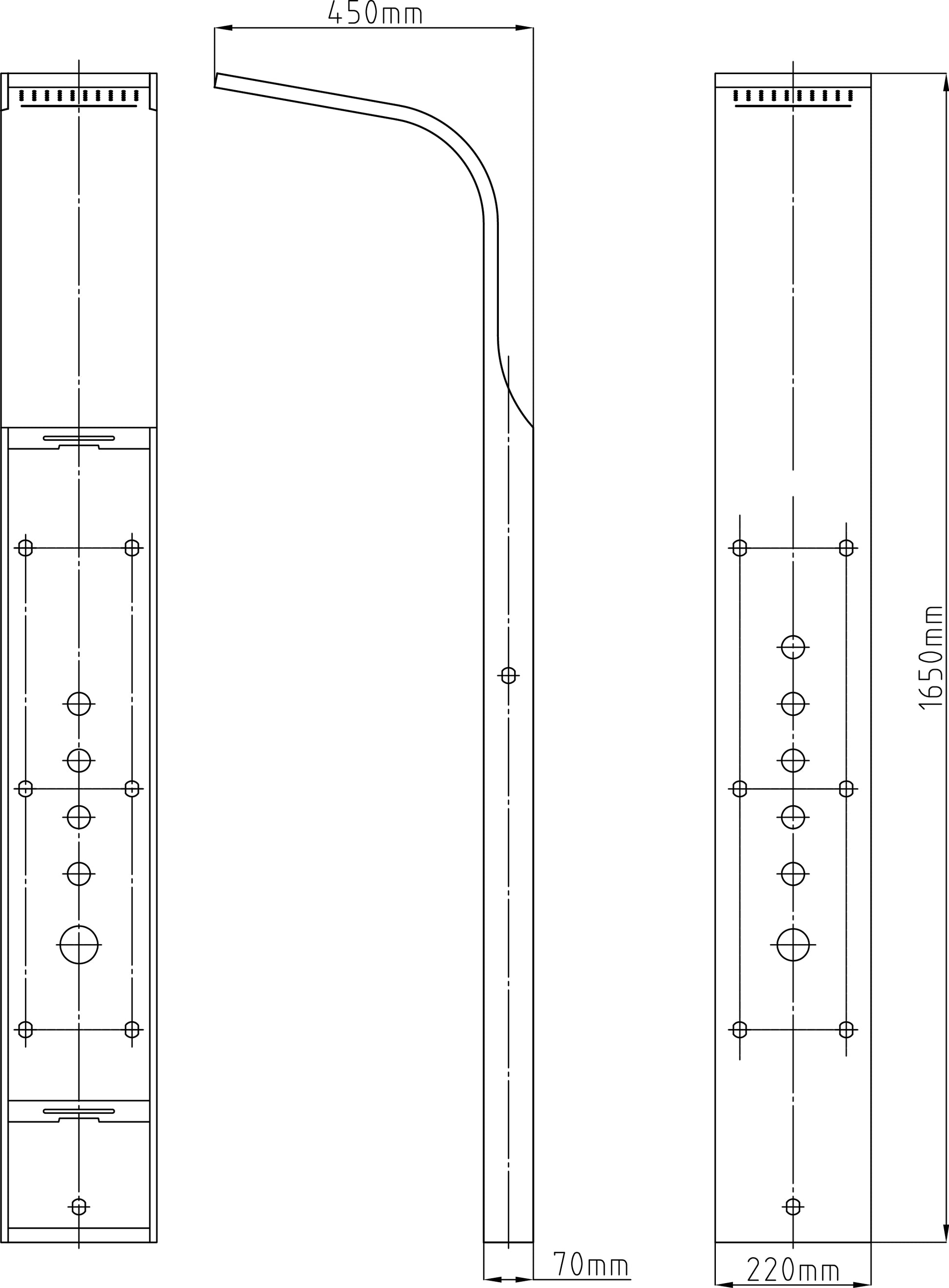 Evos Boutiques stainless shower column 8.7 x 18 x 63 in diagram