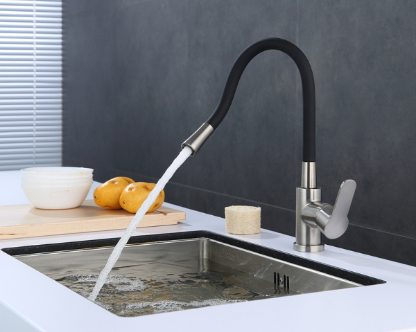 Single Handle Faucet for Small Kitchen with Flexible Black Silicone water flow