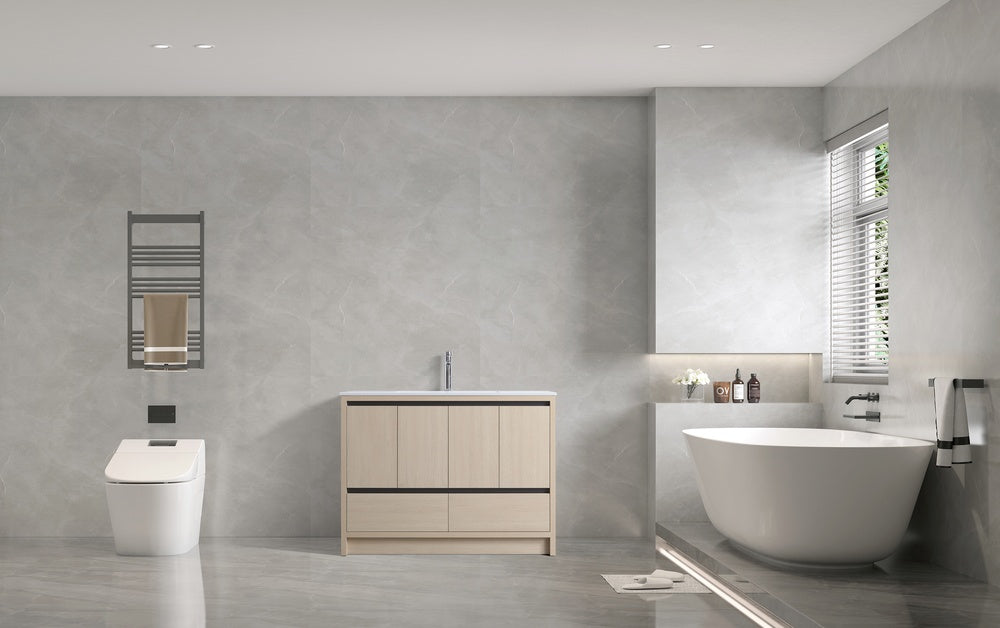 Surprise Vanité 48" cabinet chêne blanc et bassin de résine vue loin