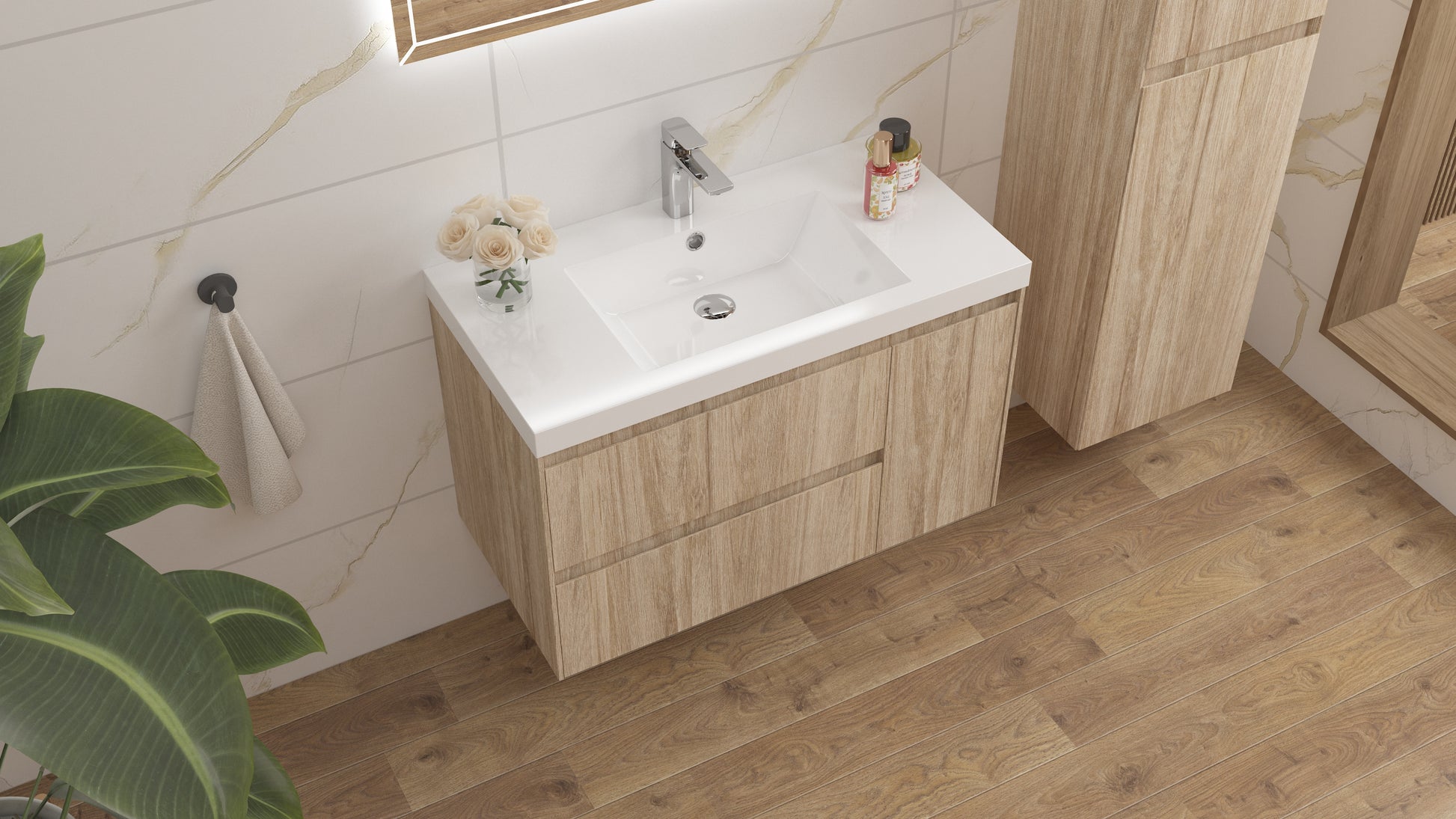 vanite 36" simple chene pale installation murale flottante