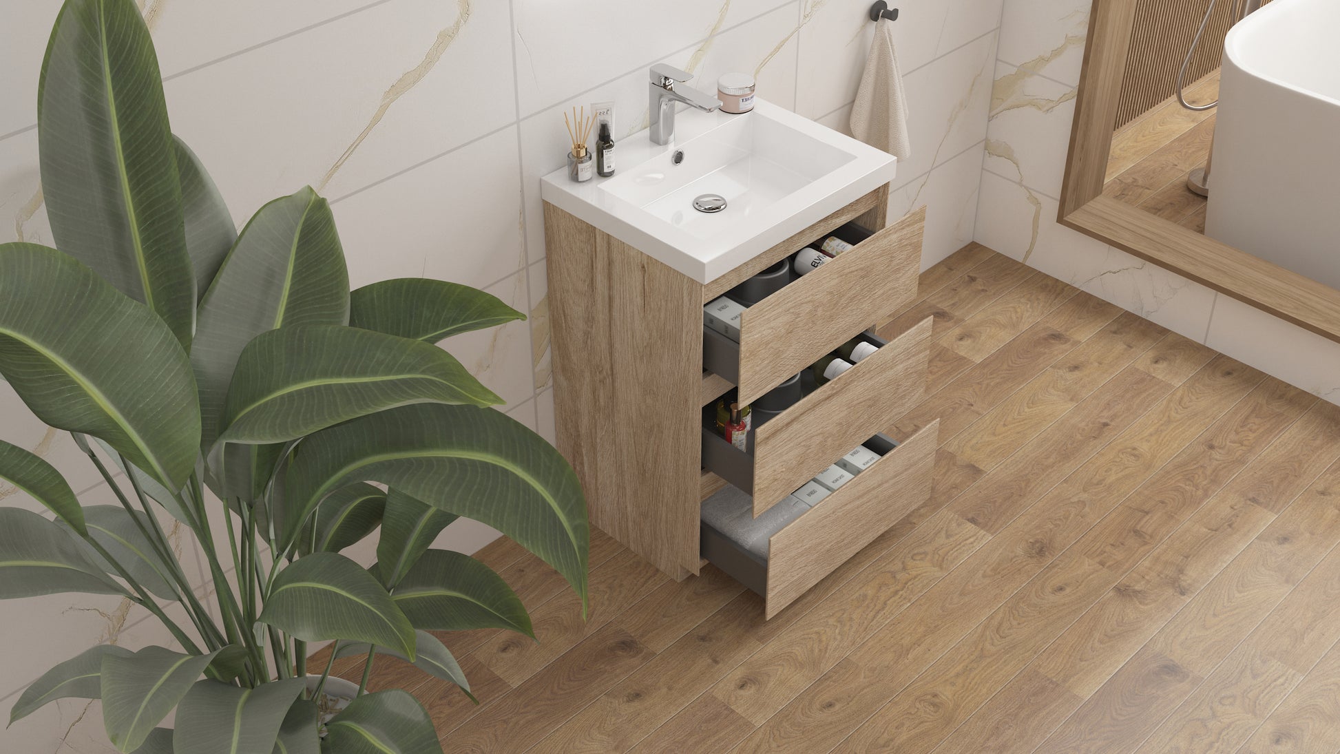 mitag 24" chene pale 3 tiroirs vanite autoportant