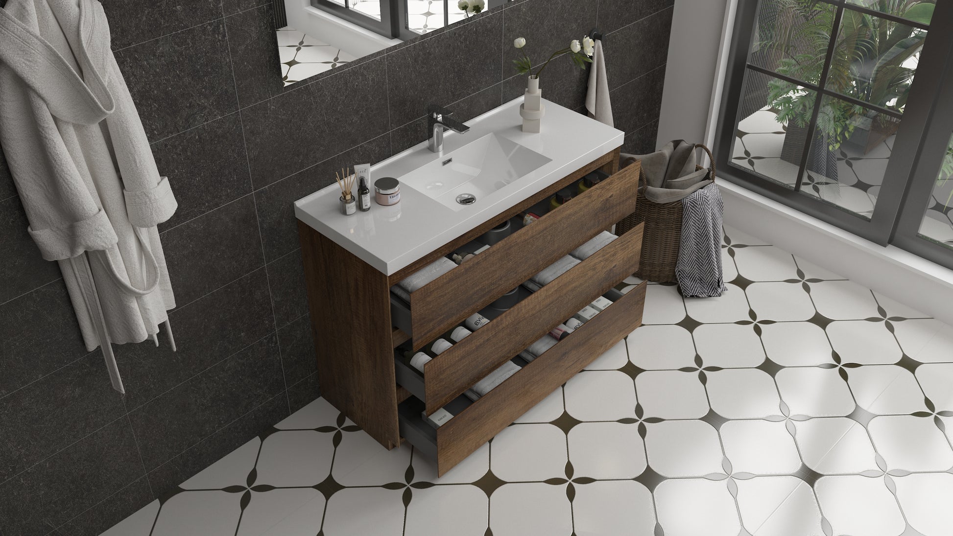 mitag 48" noyer 3 tiroirs vanite autoportante