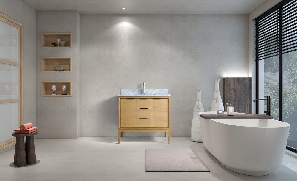 vanite magnific 40" vue loin deux placards trois tiroirs marbre