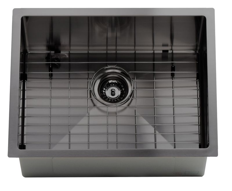 Évier en acier inoxydable noir Nano de 23 po, calibre 16, avec grille