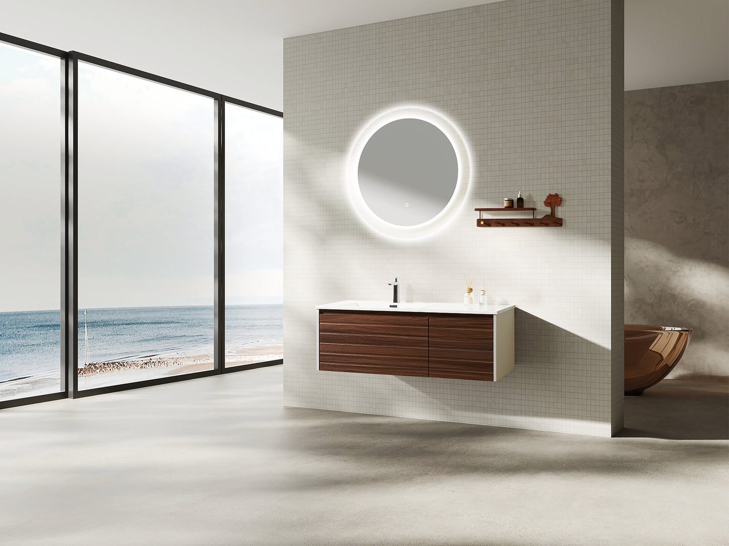 Agave 48" Wall-Mounted  Vanity — Matte White & Dark Walnut (Précommande  ARRIVAGE Novembre 2025)