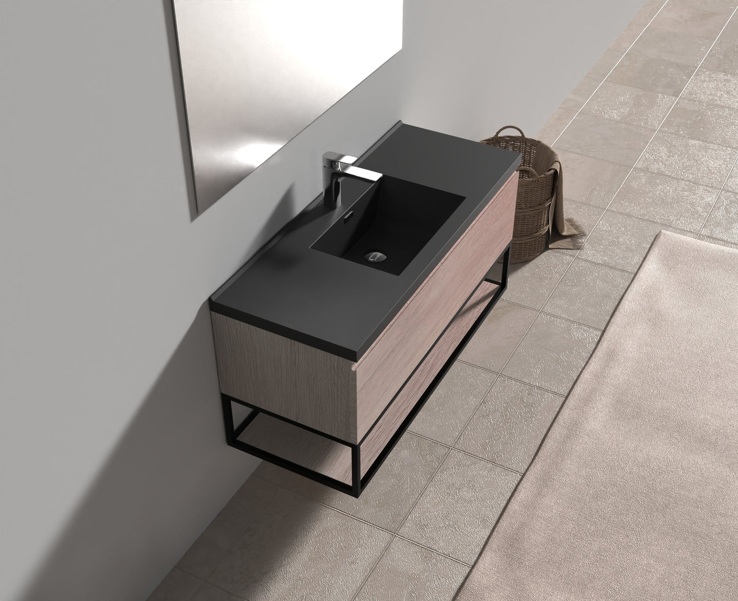 Evos Boutiques 48 in oak vanity looking down 