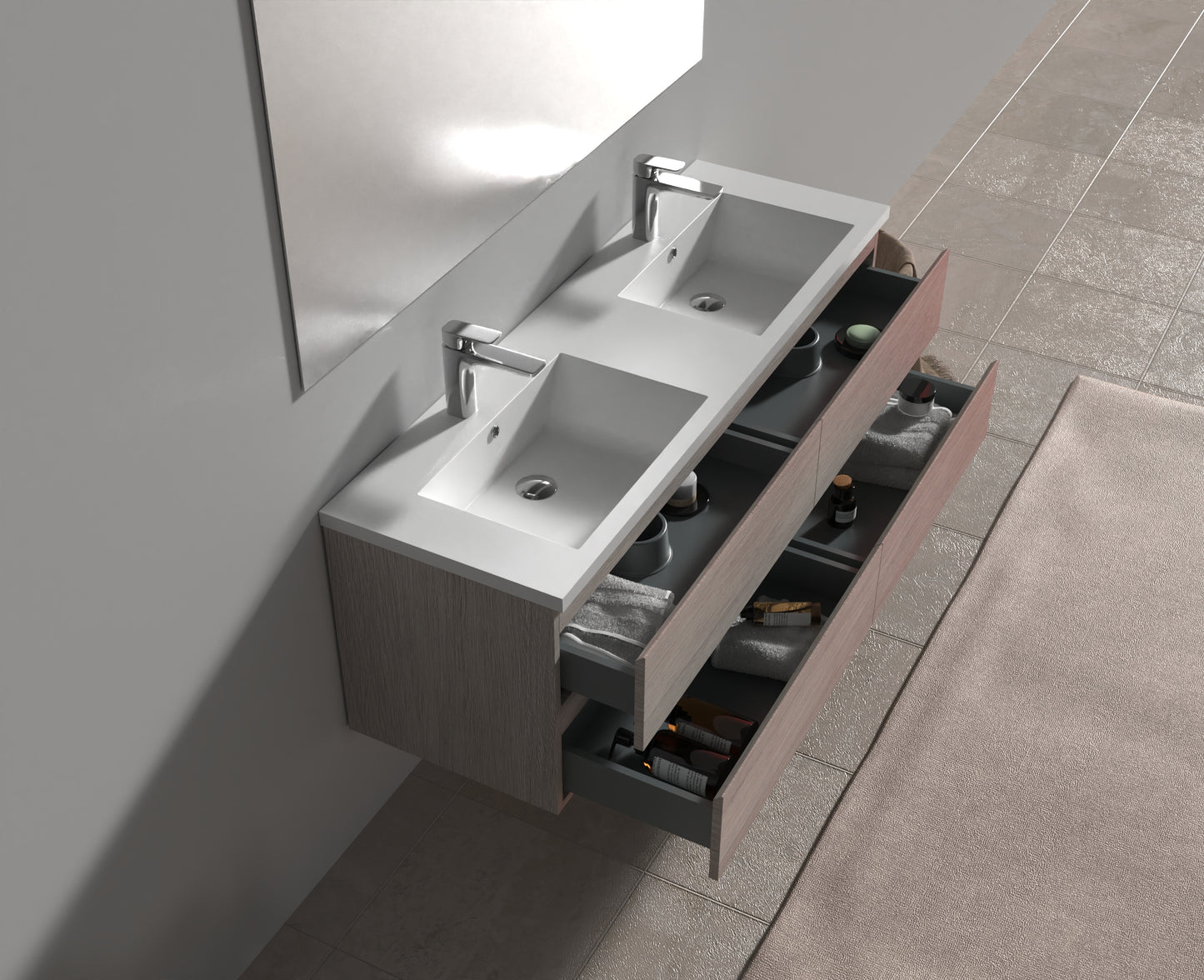 Evos Boutiques 60 in oak colour vanity drawers open