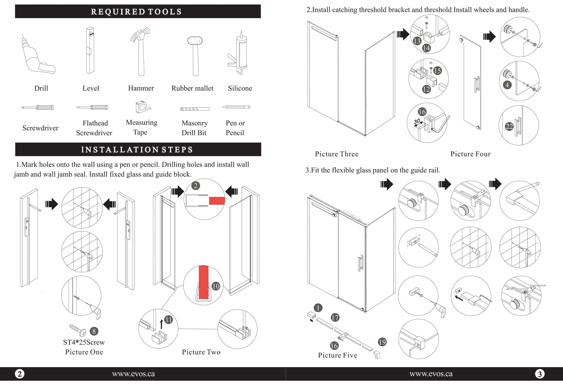 Evos Boutiques chrome shower doors and base sizes vary manual 3