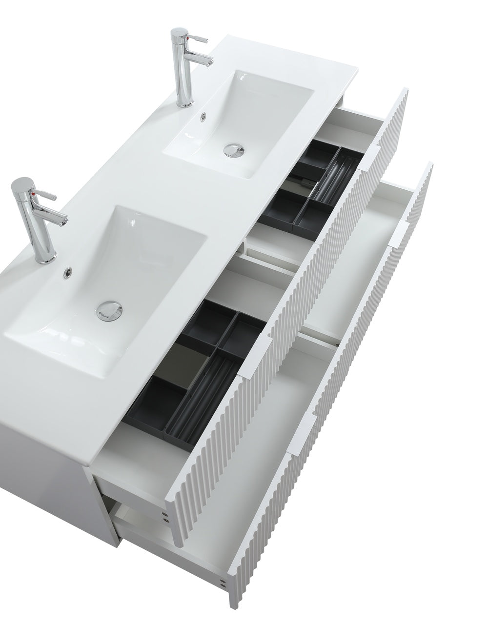 Evos_Brand_Segreto double vanity top view & opened drawers.
