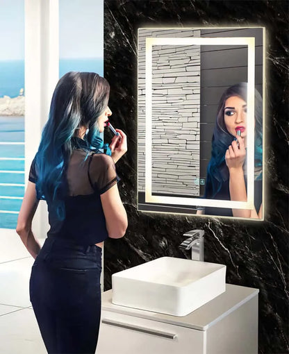 Woman using LED bathroom mirror