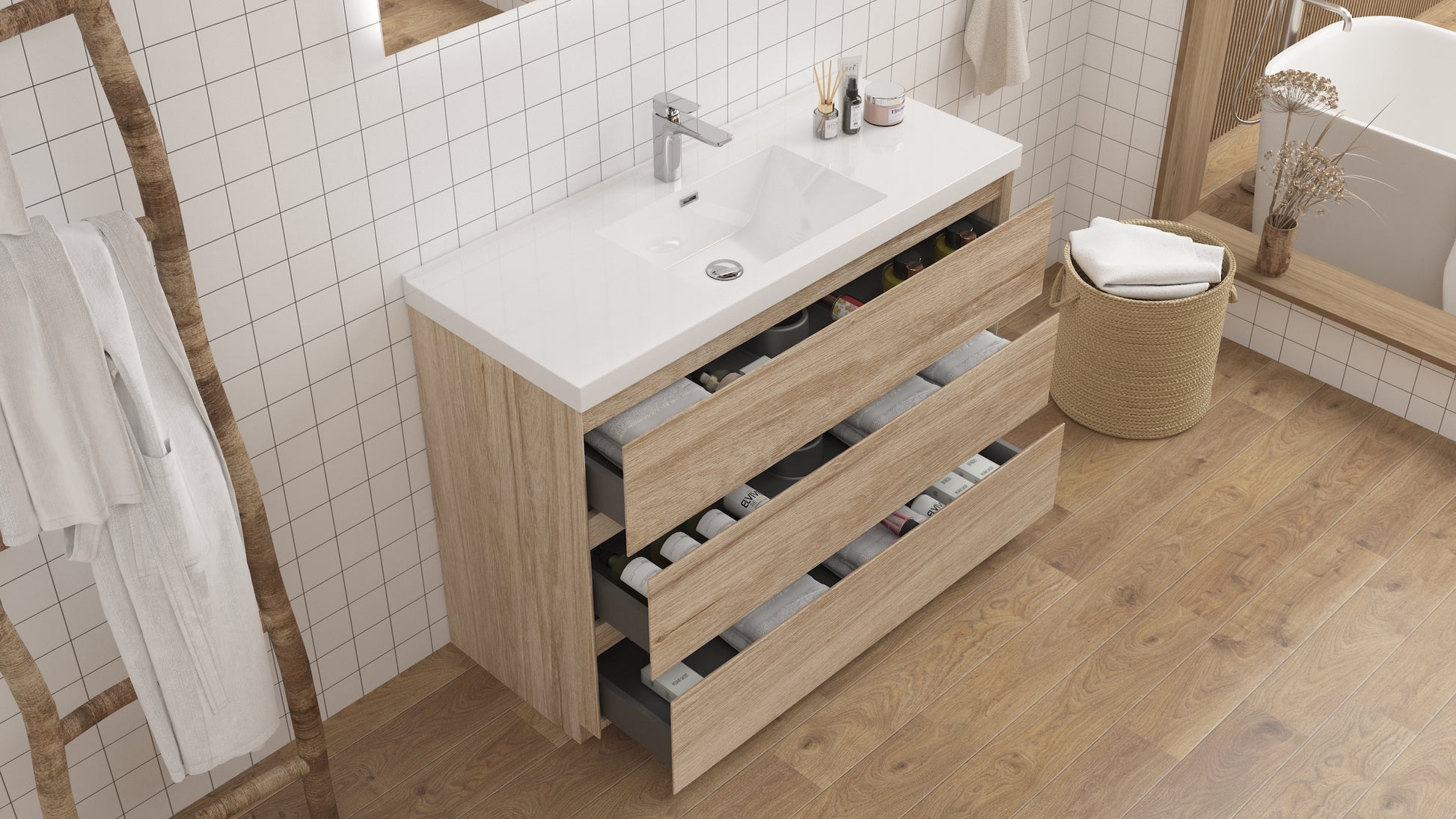 mitag 48" chene pale 3 tiroirs vanite autoportante 