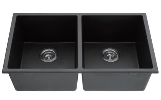Évier de cuisine double de 32 x 18 pouces en composite de granit noir anthracite, 50/50