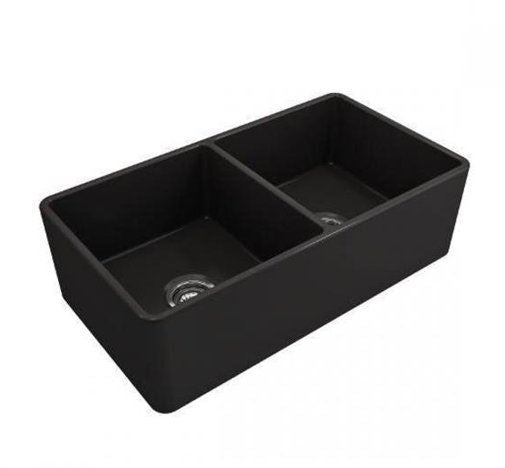 Évier de cuisine double de style ferme à tablier de 33 x 19 pouces en composite de granit noir, 50/50
